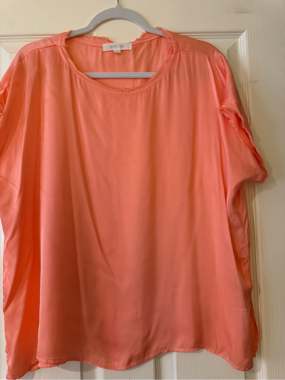 River + Sky Frayed Raw Edge Satin Tee Top Coral Pink MO065